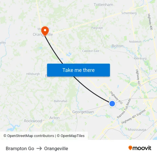 Brampton Go to Orangeville map