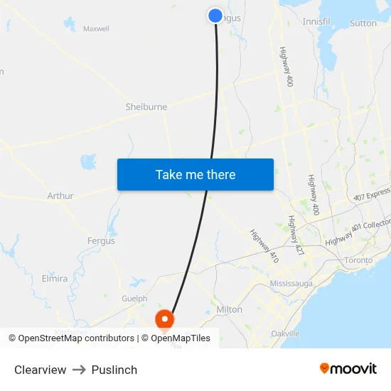 Clearview to Puslinch map