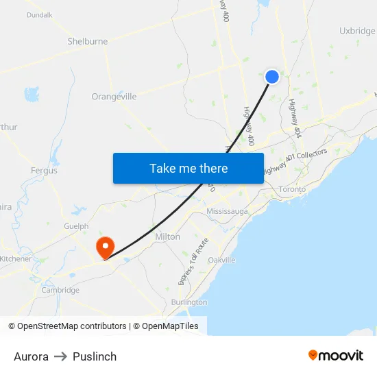 Aurora to Puslinch map