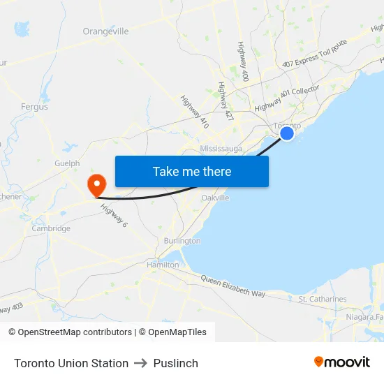 Toronto Union Station to Puslinch map
