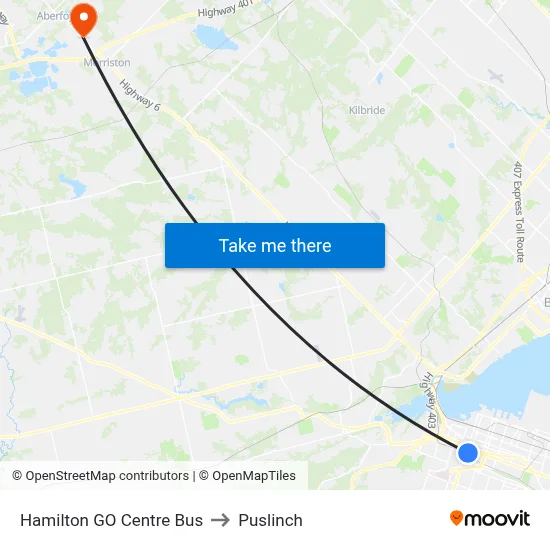 Hamilton GO Centre Bus to Puslinch map