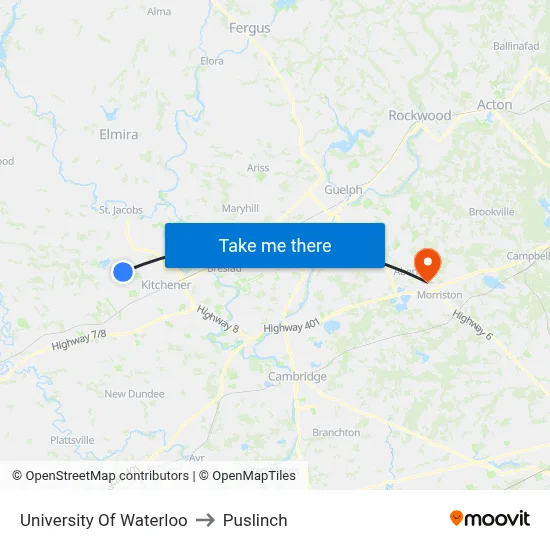 University Of Waterloo to Puslinch map