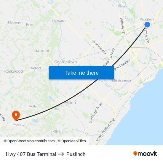 Hwy 407 Bus Terminal to Puslinch map