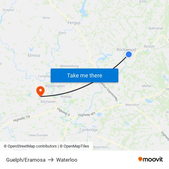 Guelph/Eramosa to Waterloo map
