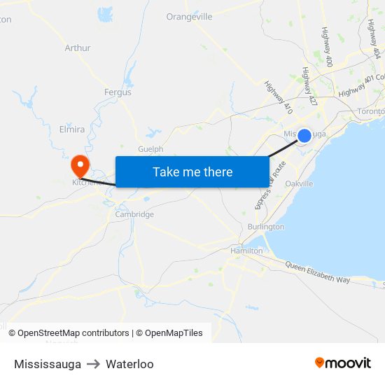 Mississauga to Waterloo map