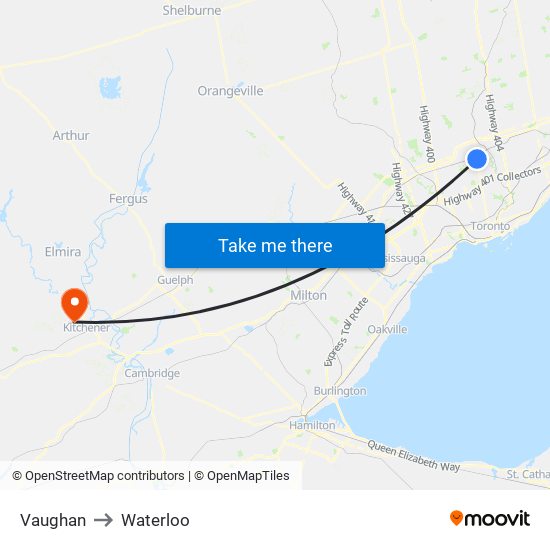 Vaughan to Waterloo map