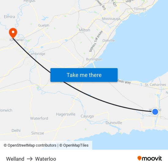 Welland to Waterloo map