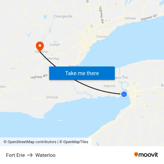 Fort Erie to Waterloo map
