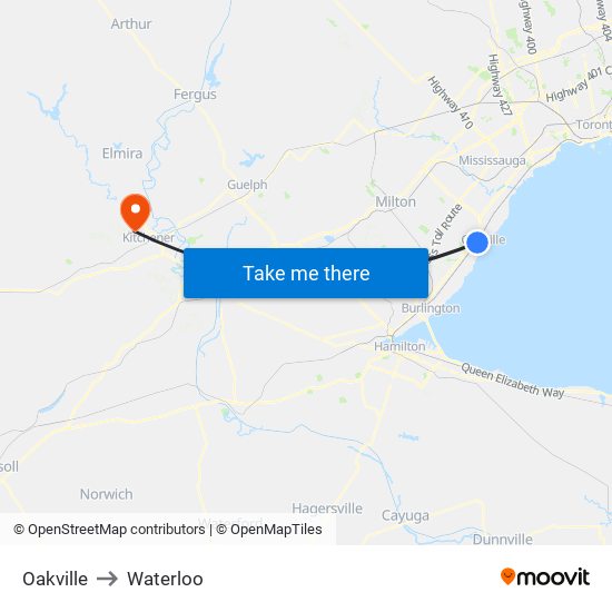 Oakville to Waterloo map