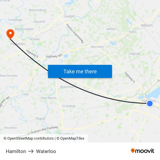 Hamilton to Waterloo map