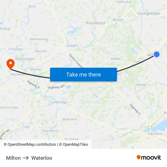 Milton to Waterloo map