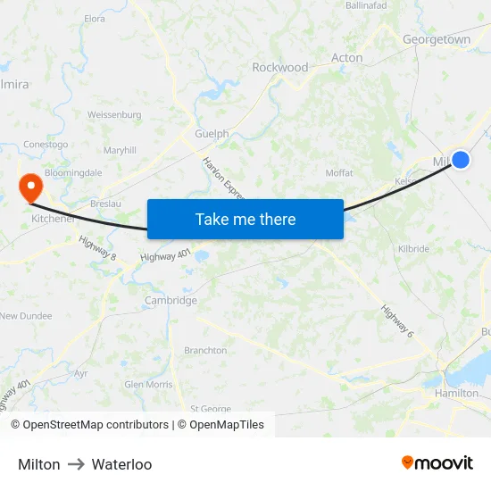 Milton to Waterloo map