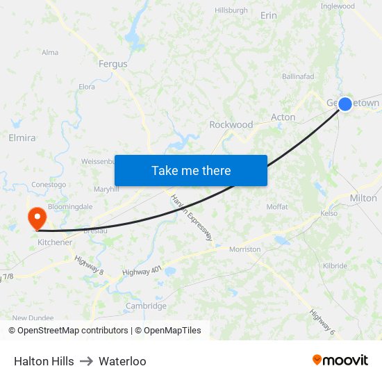 Halton Hills to Waterloo map