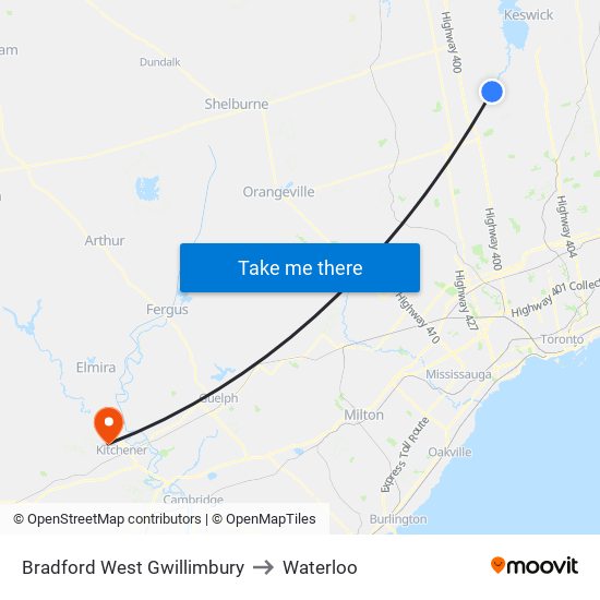 Bradford West Gwillimbury to Waterloo map