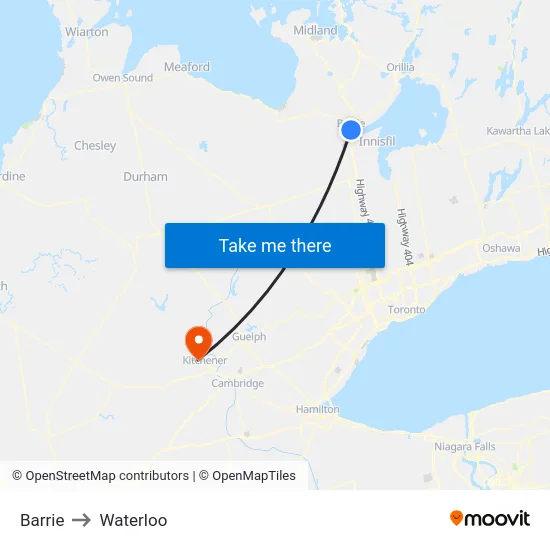 Barrie to Waterloo map