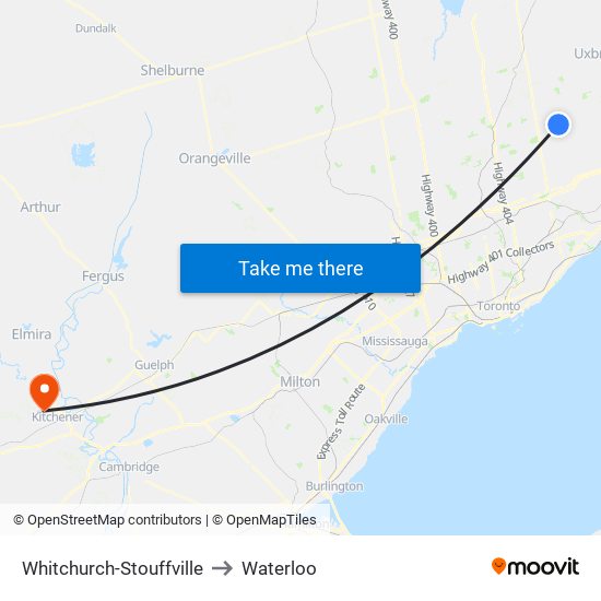 Whitchurch-Stouffville to Waterloo map