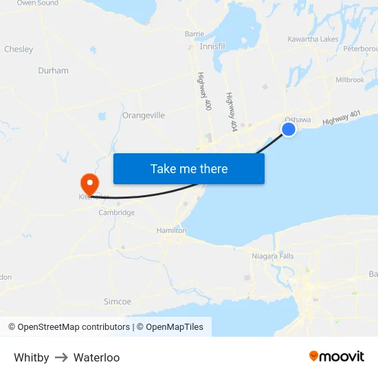 Whitby to Waterloo map