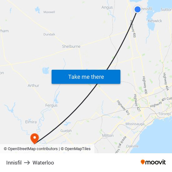 Innisfil to Waterloo map