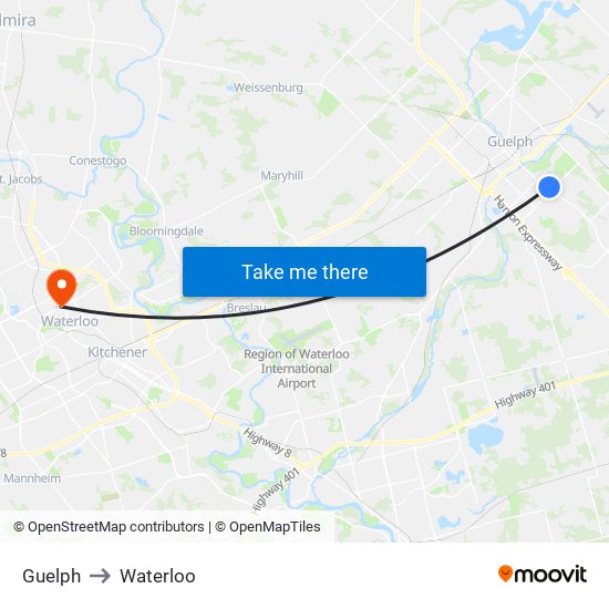 Guelph to Waterloo map