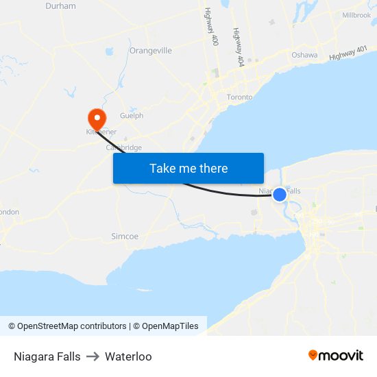 Niagara Falls to Waterloo map