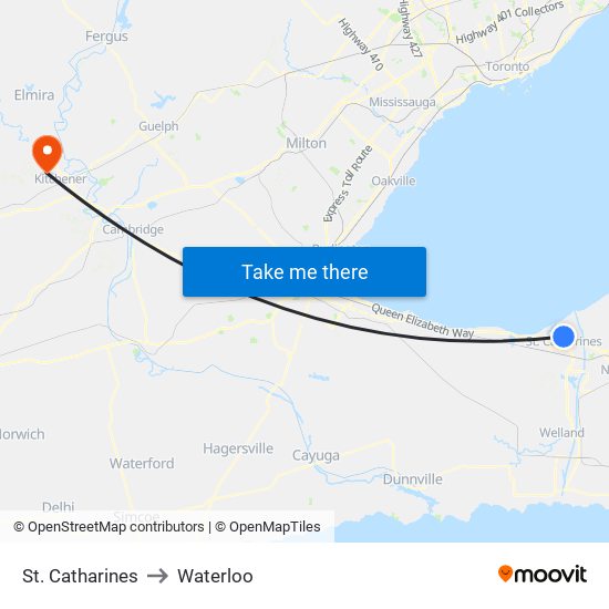 St. Catharines to Waterloo map