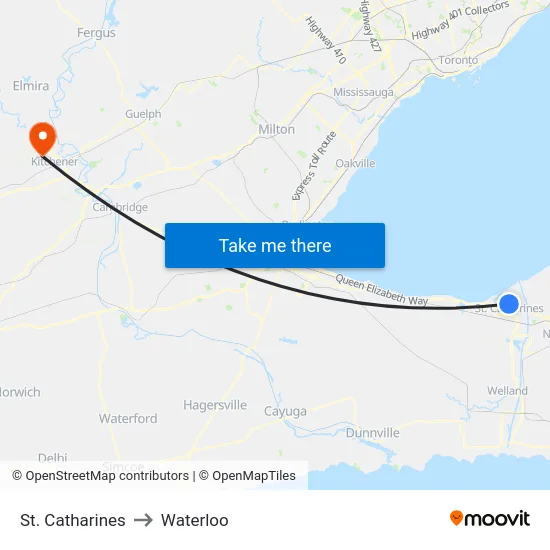 St. Catharines to Waterloo map
