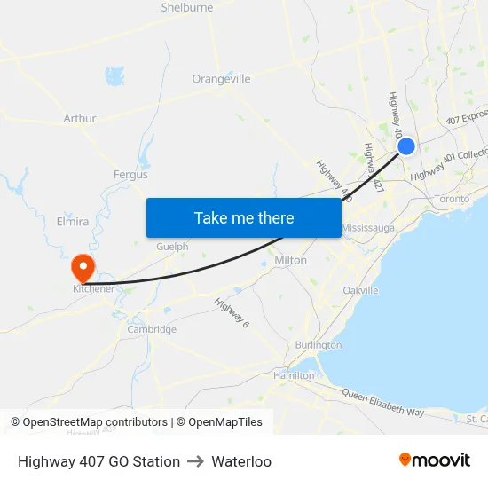Highway 407 GO Station to Waterloo map