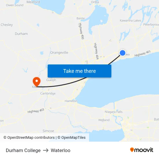 Durham College to Waterloo map
