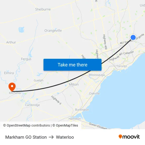 Markham GO Station to Waterloo map