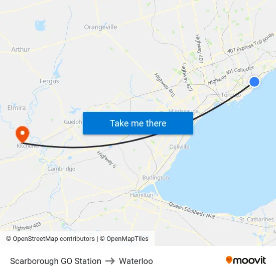 Scarborough GO Station to Waterloo map