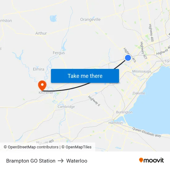 Brampton GO Station to Waterloo map