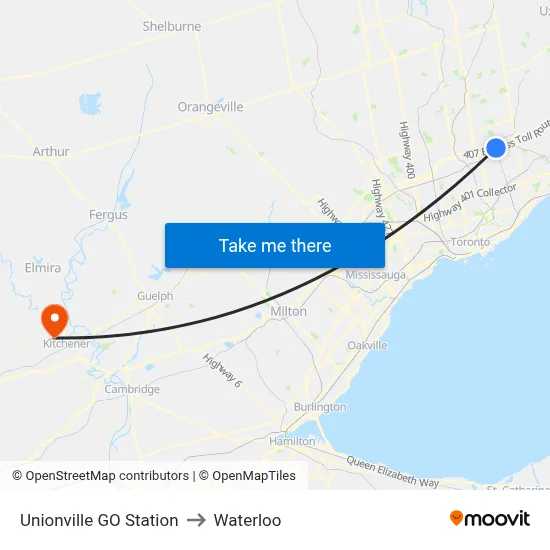 Unionville GO Station to Waterloo map