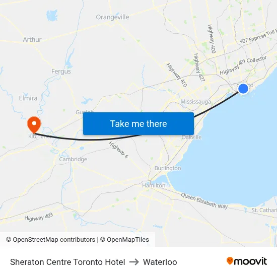 Sheraton Centre Toronto Hotel to Waterloo map