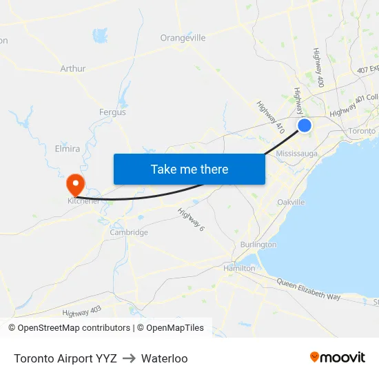 Toronto Airport YYZ to Waterloo map
