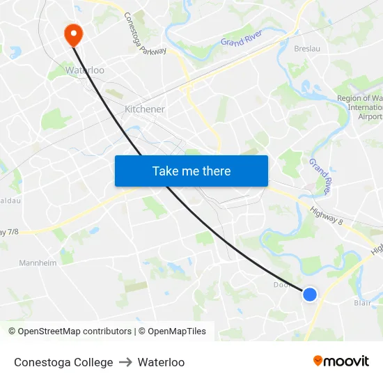 Conestoga College to Waterloo map