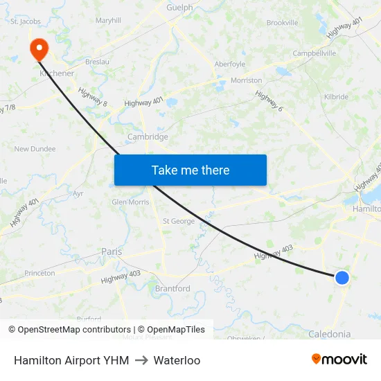 Hamilton Airport YHM to Waterloo map