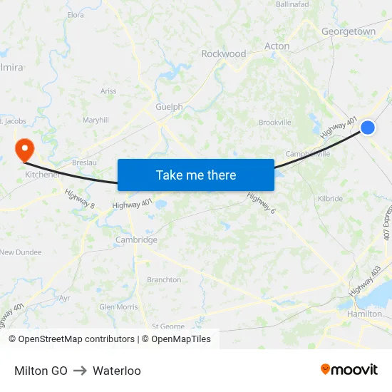 Milton GO to Waterloo map