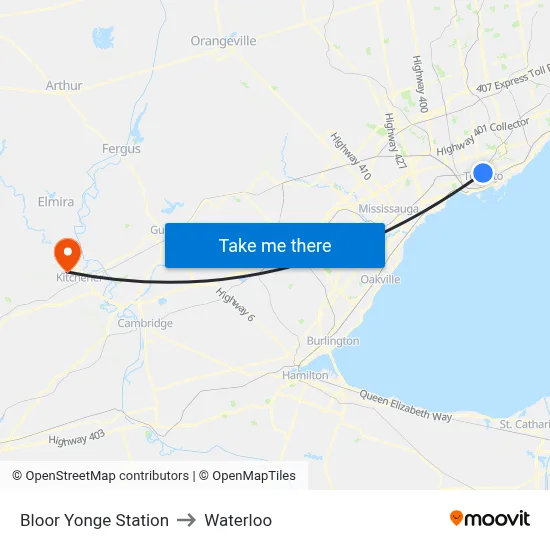 Bloor Yonge Station to Waterloo map