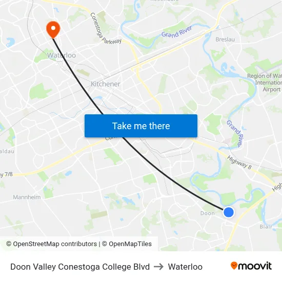 Doon Valley Conestoga College Blvd to Waterloo map