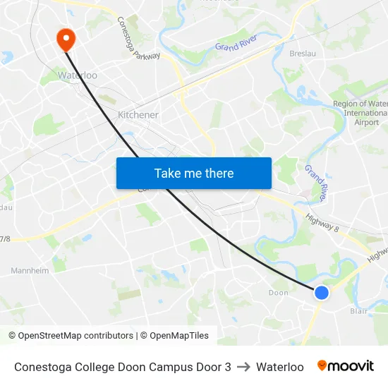 Conestoga College Doon Campus Door 3 to Waterloo map