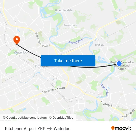 Kitchener Airport YKF to Waterloo map