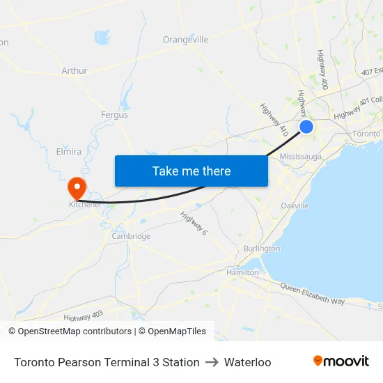 Toronto Pearson Terminal 3 Station to Waterloo map