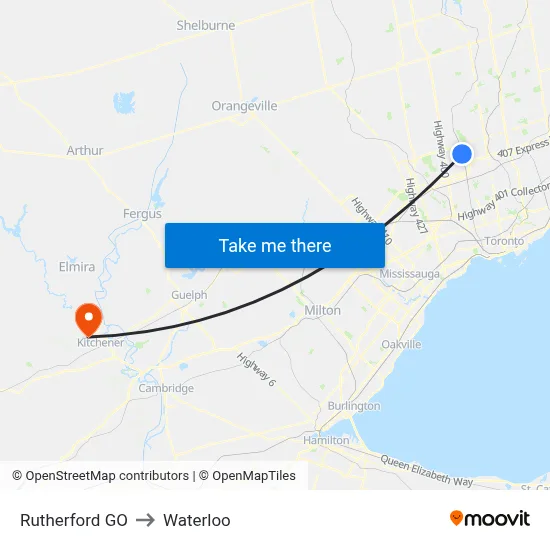 Rutherford GO to Waterloo map