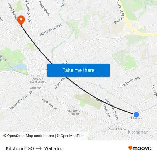 Kitchener GO to Waterloo map