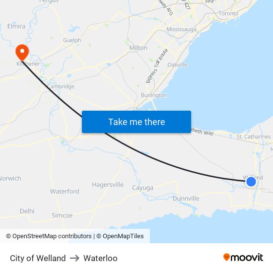 City of Welland to Waterloo map