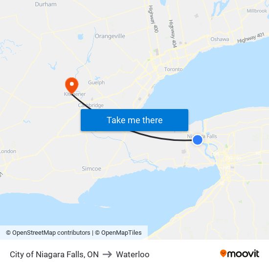 City of Niagara Falls, ON to Waterloo map