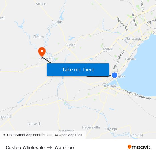 Costco Wholesale to Waterloo map
