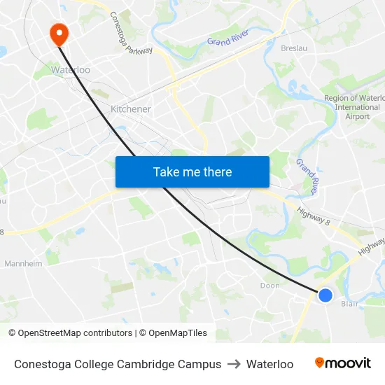 Conestoga College Cambridge Campus to Waterloo map