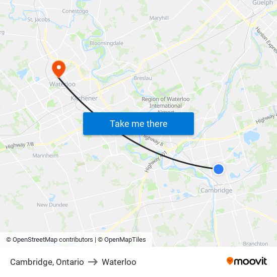 Cambridge, Ontario to Waterloo map