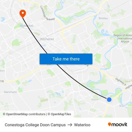 Conestoga College Doon Campus to Waterloo map